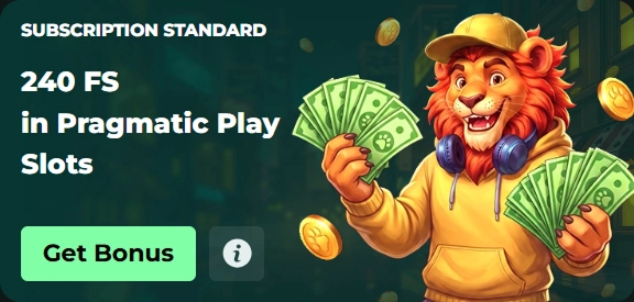 240 FS in Pragmatic Play Slots bonus offer with animated lion holding cash