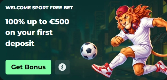 Welcome Sport Free Bet: 100% up to €500 bonus with animated lion playing football