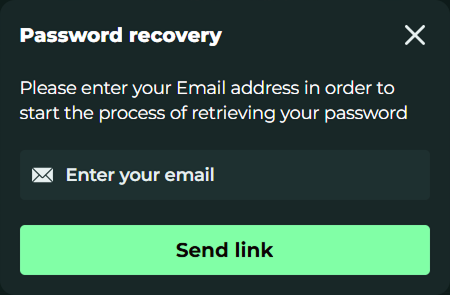 MySpinGo Casino password recovery page with email input and send link button