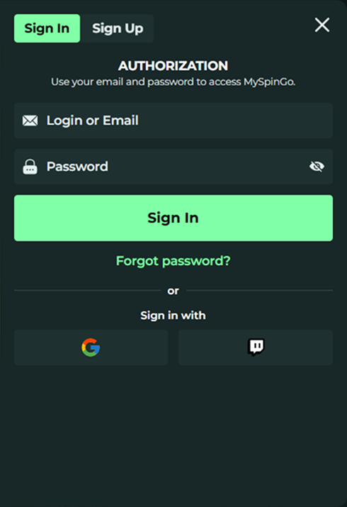 MySpinGo mobile login screen with email, password fields and sign-in options