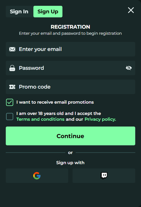MySpinGo Casino mobile registration form with email, password, and promo code fields