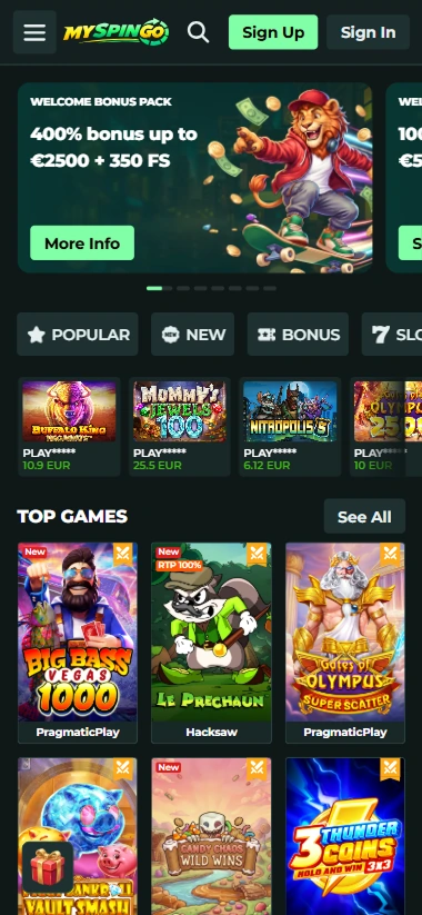 MySpinGo mobile lobby with popular and top slot games, and welcome bonus banner