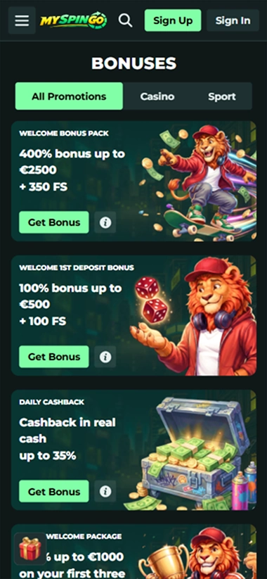 MySpinGo Casino mobile bonuses page with welcome offers and cashback