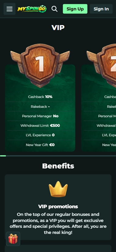 MySpinGo Casino VIP program details showing levels, cashback, and benefits
